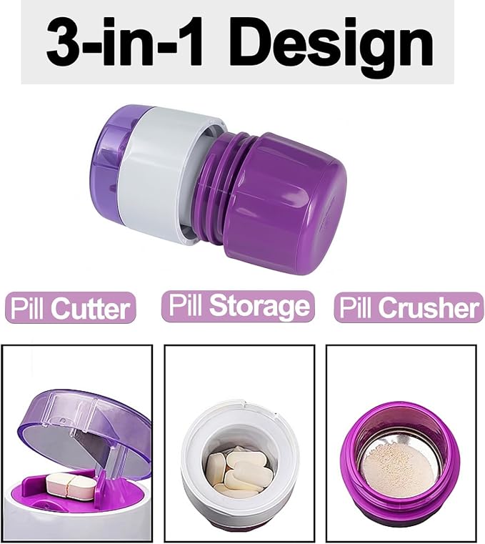 3-in-1 Pill Crusher and Cutter with Storage, BPA-Free Pill Grinder for Fine Powder, Stainless Steel Blade & Grinding Head, Portable Pill Splitter for Elderly, Pets, Travel(Purple)