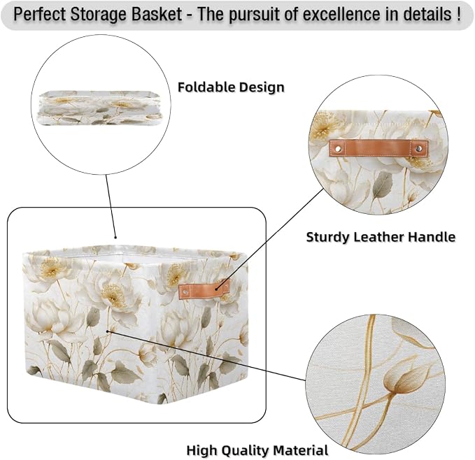 Rectangular Storage Basket White Flower Decorative Storage Bins Boxes Collapsible Cubes Organizer with PU Leather Handles for Home Organization