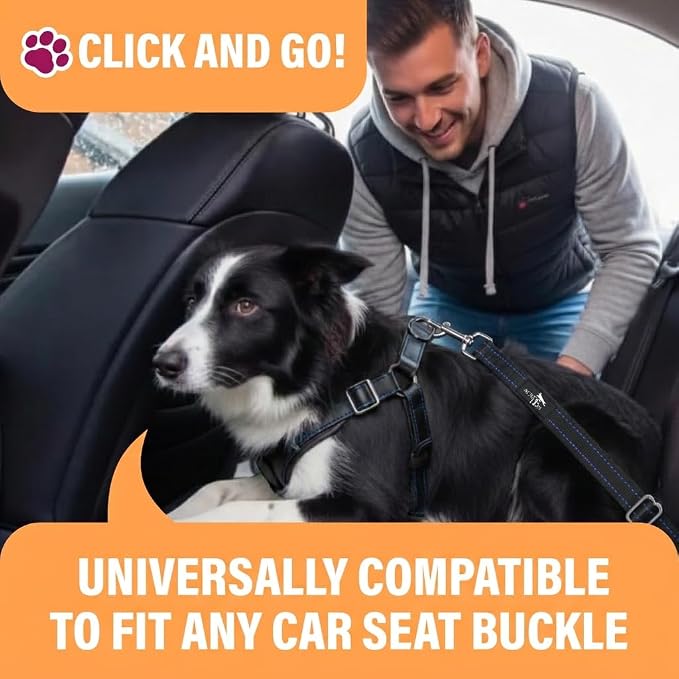 Blue Car Seat Belt for Dogs, Attaches to Harness & Collar, Adjustable 18" - 24" Travel Restraint System Fits Small - Large Pups for Safety & Comfort, Essential Pet Supplies & Accessories