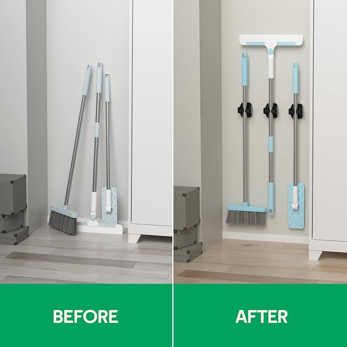 reliahom Broom Holder Wall Mount Mop Grippers organizer wall hanging, 5Pack | No Drilling Self Adhesive Easy install Anti-Slip Mop Broom Hanger Storage Rack for Kitchen,Laundry Room,Garden,Garage