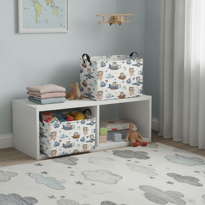 Rectangular Kids Basket Baby Girl Basket Fabric Storage Bin Organizer Box Room Decor(Bear Pilot)
