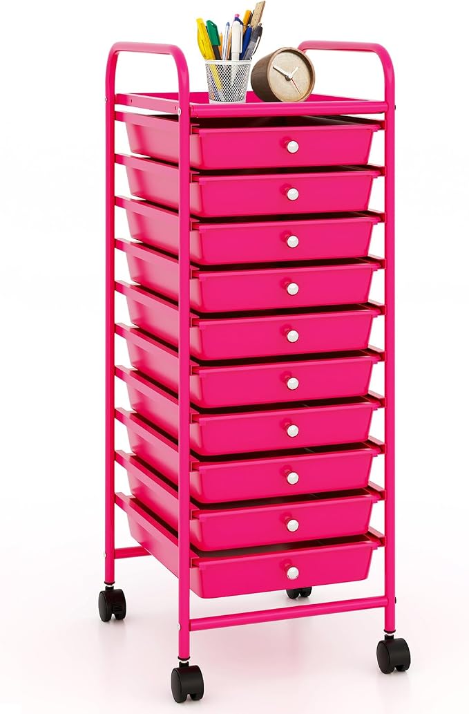 10 Drawer Rolling Storage Cart, Organization Cart on Drawers for Craft Makeup Paper Tool Art Supply, Versatile Utility Cart on Wheels for Home Office Classroom School (Hot Pink)
