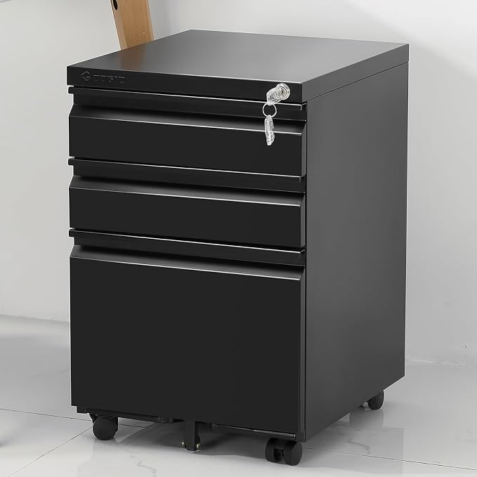 3-Drawer Mobile File Cabinets Rolling Metal Filing Cabinet for Legal & Letter File Anti-tilt Design with Lock Under Desk Office Drawers,Requires Assembly,Black