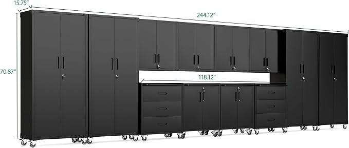 12-Piece Heavy Duty Steel Garage Cabinet System | All-in-One Modular Garage Cabinet Set for Ultimate Workshop Organization | Easy Assembly Garage Storage Cabinets & Tool Bench (Black)