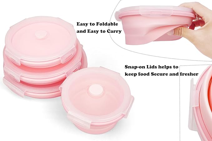 Joyinjojo Collapsible Dog Bowls with Lids, 2 Pack Portable Travel Dog Bowls for Small Medium Large Dogs, Silicone Foldable Outdoor Dog Cat Food Water Bowls for Camping Hiking Road Trip, Pink 17 oz