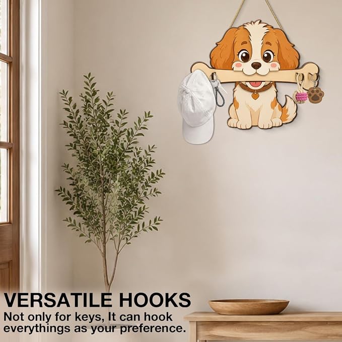Dog Leash Holder for Wall, Cute Dog Leash and Key Organizer, Cute Puppy Wooden Key Holder Wall Mount with 4 Keys Hooks for Collars, Entryway Garage Living Room Kitchen Mudroom