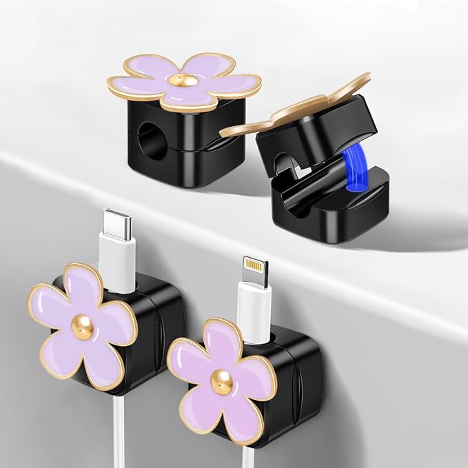 Magnetic Cord Organizer, Easy Secure Adhesive Cable Management, Wire Holder Organizer, Hide Or Organize Phone USB Charger Cable Clips for Home,Office,Car,Desk,Nightstand (Purple Flower-4 Pack)
