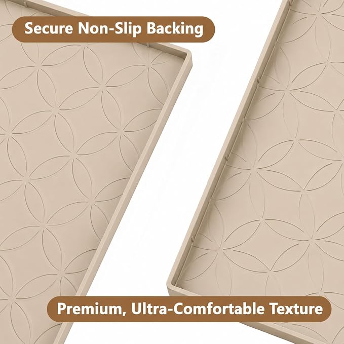 34"x22" Silicone Shelf Liner & Waterproof Under Sink Mat(Beige) | Durable Under Sink Organizer Tray with Raised Edge, Protects Bottom Cabinets & Shelves from Leaks & Cleaning Supplies