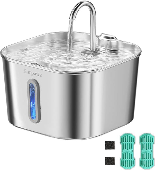 SARPAWS Cat Water Fountain Stainless Steel, 2.2L/74oz Pet Water Fountain for Cats Indoor, Ultra Quiet Cat Fountain for Cats and Small Animals, Cat Fountain for Drinking with 2 Filters & 2 Sponges