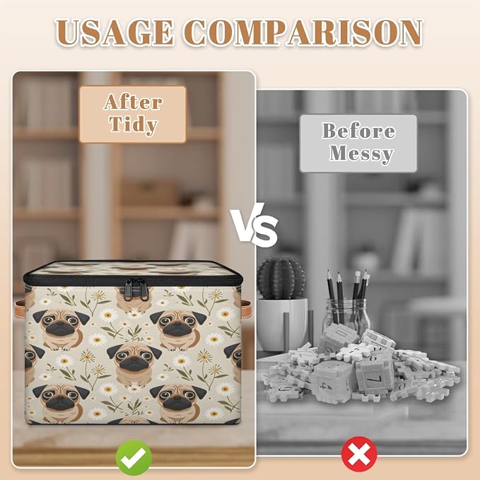 Cute Pug Dog Storage Box with Zipper Lid