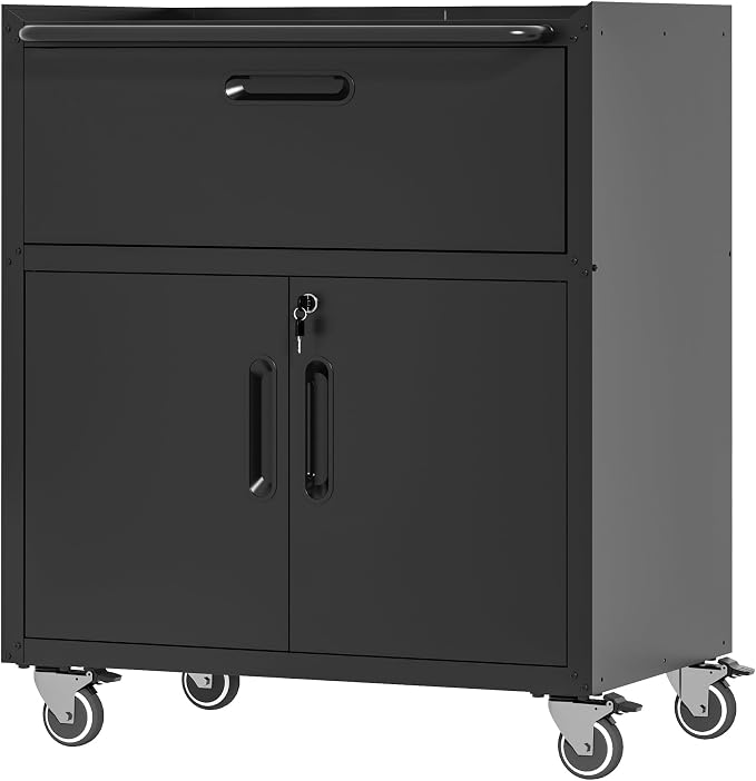 Metal Mobile Tool Storage Cabinet with 2 Locking Door and 1 Drawer | Black Heavy Duty Rolling Tool Cabinets for Garage,Metal Storage Cabinets with Wheels,Assembly Required