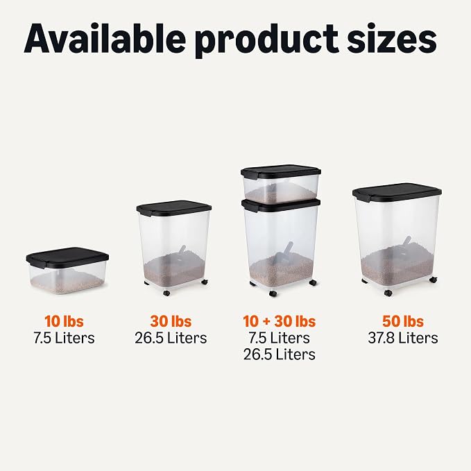 Amazon Basics Pet Food Storage Container with Rolling Wheels, BPA-Free, Detachable Scoop, 50lbs Capacity