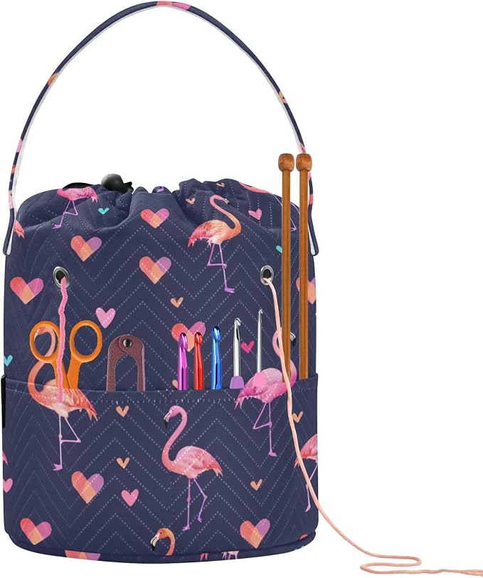 Fustylead Cute Pink Flamingo and Hearts Crochet Drawstring Organizer, Large Yarn Bag Storage Tote Basket for Crocheting On The Go, Kit Holder, Gift for Knitter, Crochet Beginner