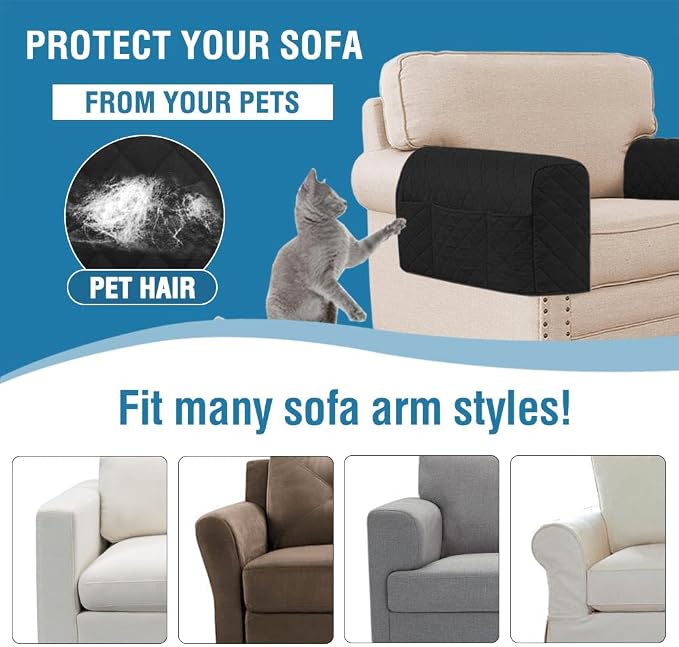 H.VERSAILTEX Water Resistant Couch Arm Covers for Sofa, 2 Pack, Black/Grey | Waterproof Armchair Caddy, Couch Arm Covers Remote Control Holder Sofa Armrest Organizer for Magazine, Tablet, Phone, iPad