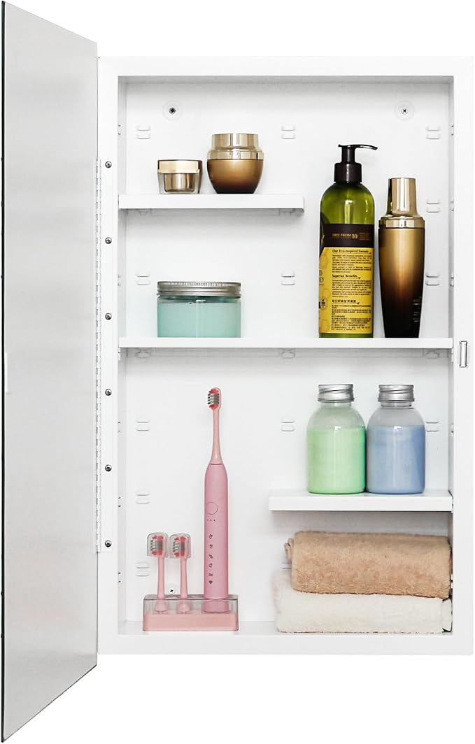 White 16x26 Medicine Cabinet, Beveled Mirror & Adjustable Staggered Shelves | Recessed or Surface Mount Bathroom Cabinet with Adjustable Staggered Shelves, Piano Hinge, Left/Right Swing & Fully Assembled