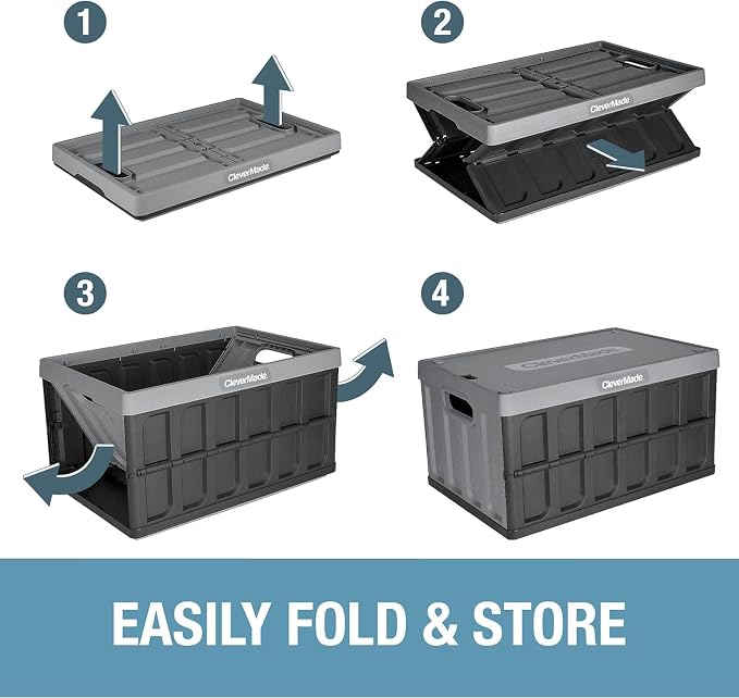 CleverMade Collapsible Storage Bins (with Lids), 62L, 3 Pack - Stone | Store Bigger Loads Under a Secure Lid | Each Bin Holds 100 lb, Stacks Neatly, and Folds to 2.5 Inches When Empty