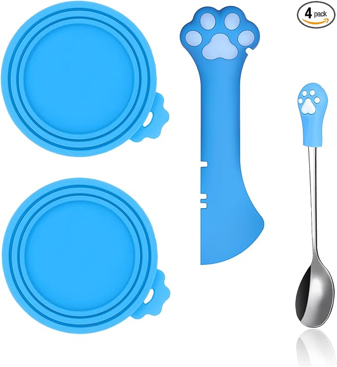 SJANE Cat Food Can Spoons & Can Lids | 4 Pcs | Colorful Multi-Function Cute Paw Shape Opener | Universal Silicone Pet Food Covers | Stainless Steel Wet Food Spatula for Kittens and Dogs(Blue)