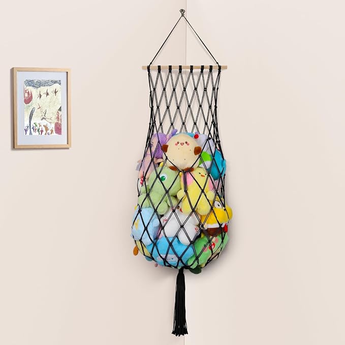 68 Inch Stuffed Animal Storage Net Corner Stuffy Hammock,Black | Boho Macrame Large Toy Hammock for Stuffed Animals Organizer,Wall Ceiling Over Door Stuffy Storage Holder,Nursery Room Decor