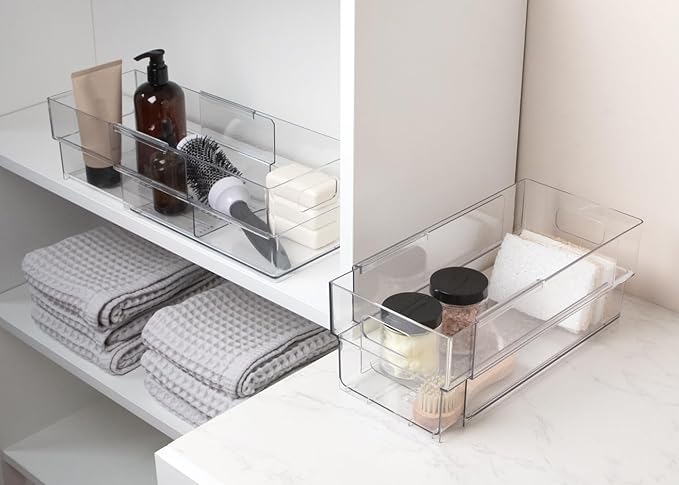 Isaac Jacobs 2-Pack Clear Expandable Storage Bins - Small | 11"-19" L x 5.8" W x 4.8" H, Plastic Organizer with Cut-Out Handles, Adjustable Length from 11-19" for Home, Kitchen & Office