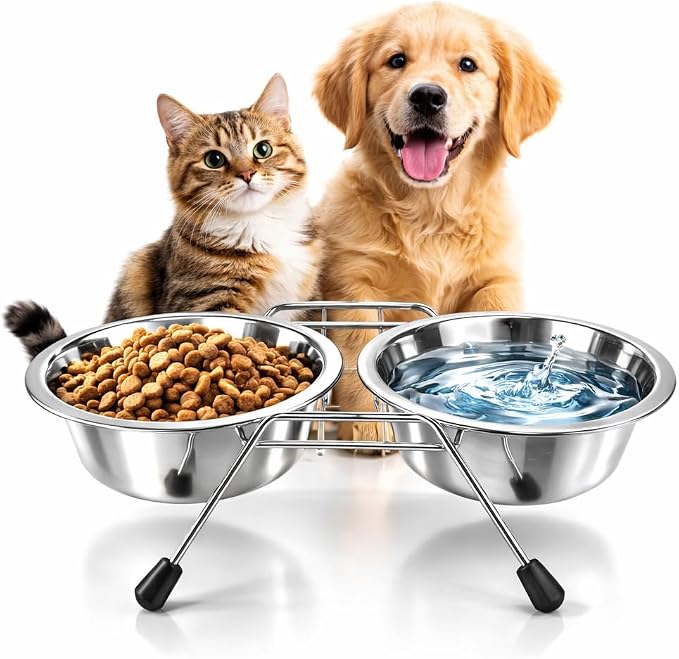 Pet Bowls for Dogs and Cats, with 2 Bowls, Iron Stand Base, Double Bowl Stand, Two Steel Removable (7oz)
