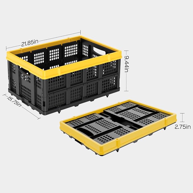 TOLRET 49L Collapsible Crate, Milk Crate for Storage, Foldable Storage Crate, Stackable Crate for Organizing for Home, Shopping, Camping, School, Office, Warehouse, Yellow