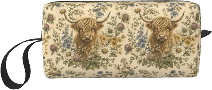 Highland Cow Wildflower Meadow Small Makeup Bag for Women | Double-Sided Highland Cow Floral Cosmetic Organizer with Foam Padding for Women, Travel, Gym, School, and Daily Storage