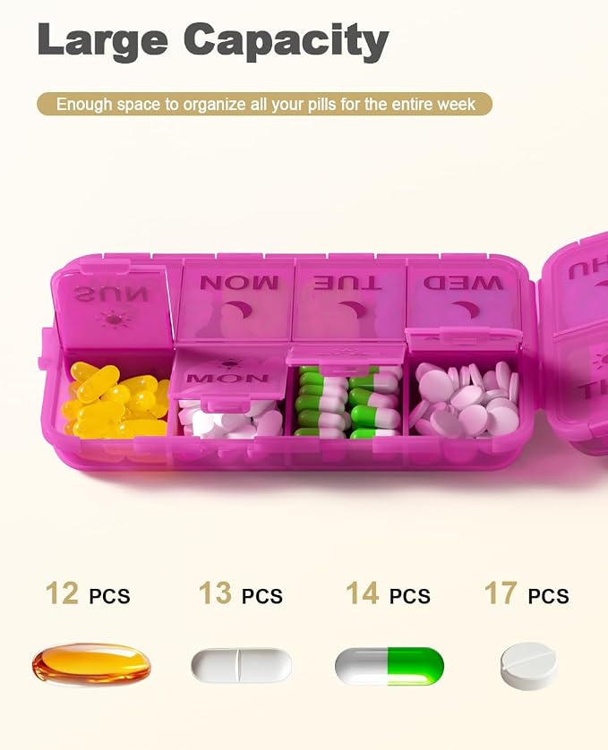 Pill Organizer Travel Medicine Case - Travel Pill Case with Etched Labels, Daily Travel Medicine Case Holder