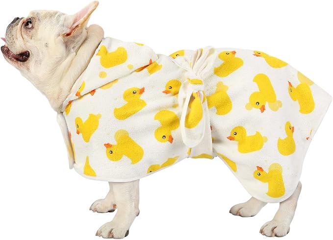 HDE Dog Bathrobe Super Absorbent Quick Drying Puppy Towel Wrap Coat Adjustable After Bath Robes with Hood for Dog Sizes S-XXL White Rubber Ducks M