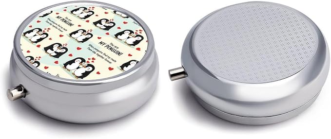 Round Pill Box, You are My Penguin Portable Travel Organizer, Metal Case with Mirror, Pocket Purse Container for Supplements