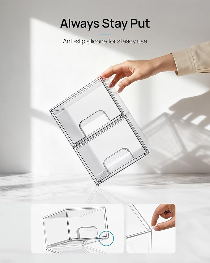 Vtopmart 8 Pack Small Clear Stackable Storage Drawers | Plastic Bins, Bathroom Makeup Organizer, For Vanity, Undersink, Kitchen Cabinets, Pantry, Home Organization