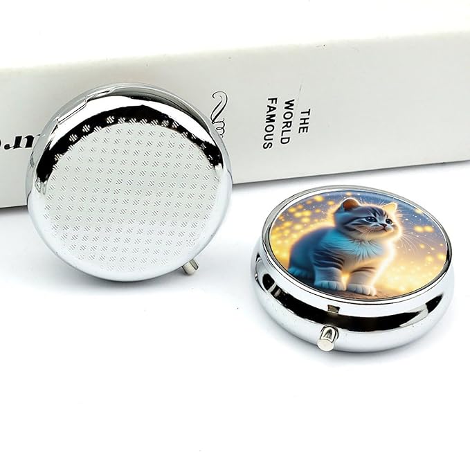 Cute Pet Scene Metal Round Pill Box, 3 Compartment Travel Organizer, Portable Pill Container with Secure Latch, 2 Inch Circular Vitamin Caddy for Pills and Vitamins, Gift for Him Her Elderly