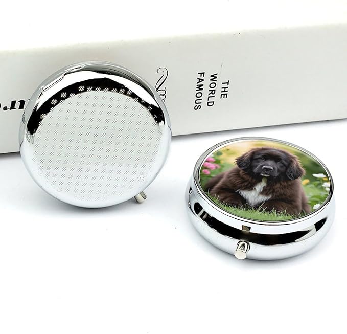 Cute Pet Newfoundland Dog Pill Box Exquisite Round Pill Organizer 3 Compartments Portable Pill Case Waterproof Mini Medicine Container Cute Medicine Box for Pocket Purse Daily Vitamin Holder