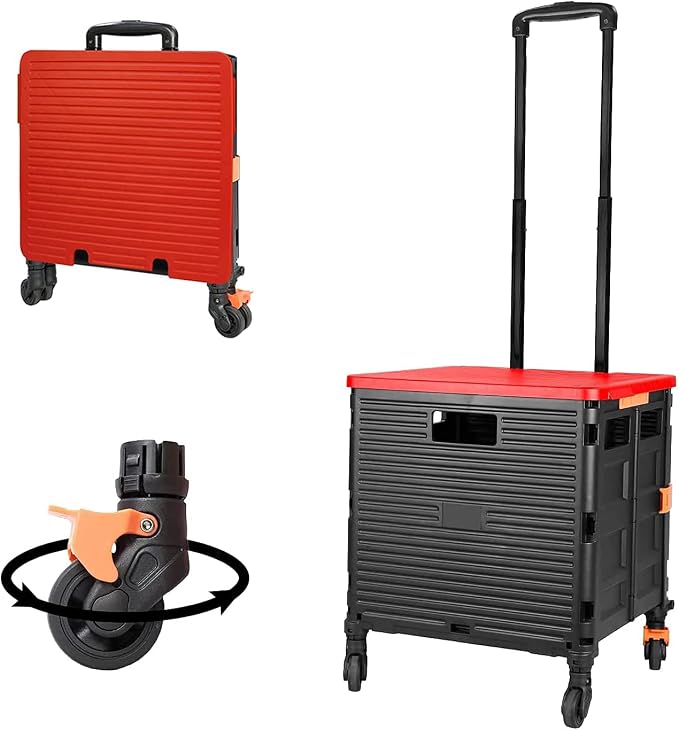 FELICON SELORSS Foldable Utility Cart Folding Portable Rolling Crate-Red | Heavy Duty,Telescoping Handle,4 Rotate Wheels,Collapsible Handcart for Travel Shop Move Luggage Laundry Teacher Office Use