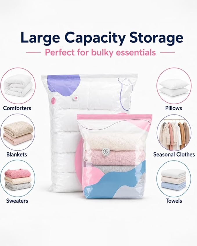 No Pump Vacuum Storage Bags, Heavy Duty Space Saver Bags for Bulky Bedding and Clothes, Press and Seal Compression Bags, No Pump Needed For Dorm And Home Organizing & Packing