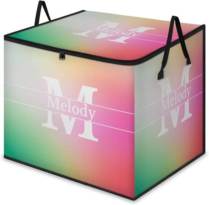 Personalized Extra Storage Bins with Lid, Customized Name Initial Letter Jumbo Storage Basket Rectangle Clothes Organizer for Organizing Kids and Pets Toys Shelf Closet, Gradient Pink with Purple