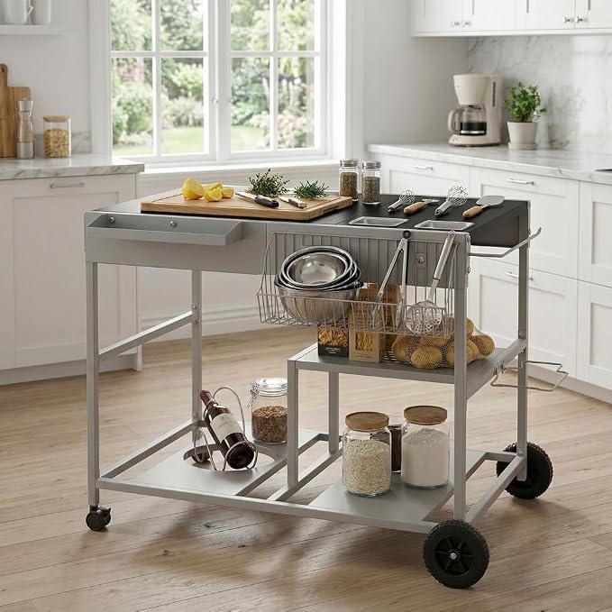 JY QAQA 54" Rolling Kitchen Prep Cart with Storage Basket & Shelves, Portable Kitchen Island Table with Wheels, Multi-Tier Metal Kitchen Workstation with Black Countertop for Food Prep & Organization