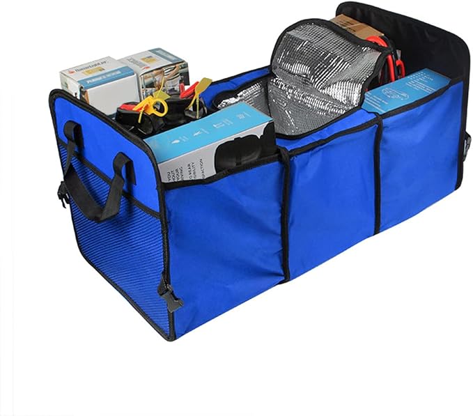 8sanlione Car Trunk Organizer, 3 Compartments, Insulated Section, Blue | For sedans, SUVs, vans, woven fabric shell, side grips, light-item sorting, wipe-clean care, automotive interior accessories