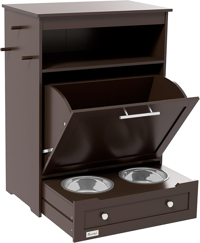 Pet Feeder Station with Pull-Out Drawer and Elevated Bowls, Hidden Pet Food Storage Cabinet with Side Hooks, Pet Supplies Organizer for Dogs Cats, Brown