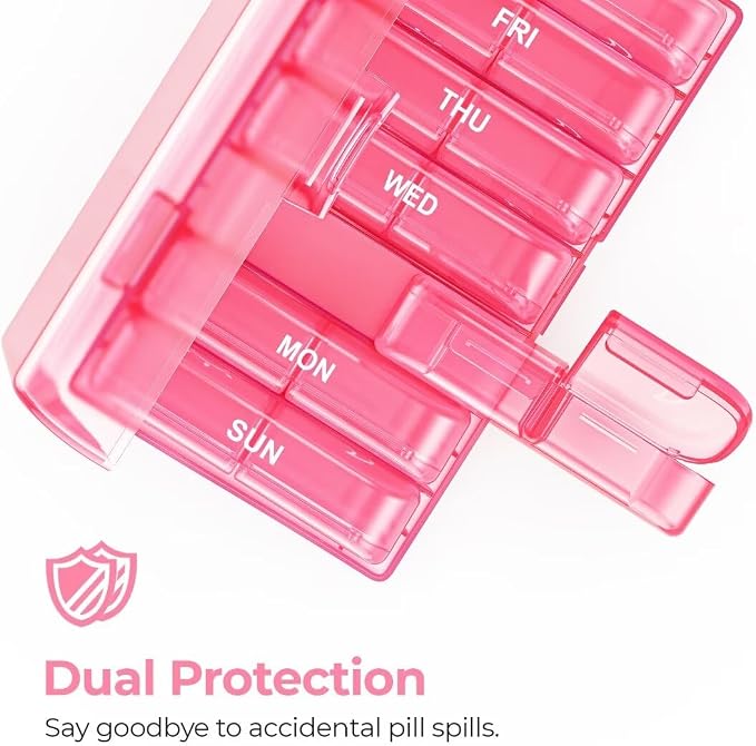 AUVON Weekly Pill Organizer 2 Times a Day, One-Side Large Opening, Easy‑Use | XL AM PM Pill Case, Travel Pill Box 7 Day, Medication Organizer for Medications, Vitamins, Fish Oils, Supplements, Pink