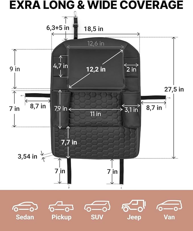 Owleys Back Seat Organizer for Kids with Tablet Holder, 8 Pockets, Black | Hanging faux leather car backseat organizer with a clear tablet pocket. Doubles as a kick mat. Needs removable headrests.