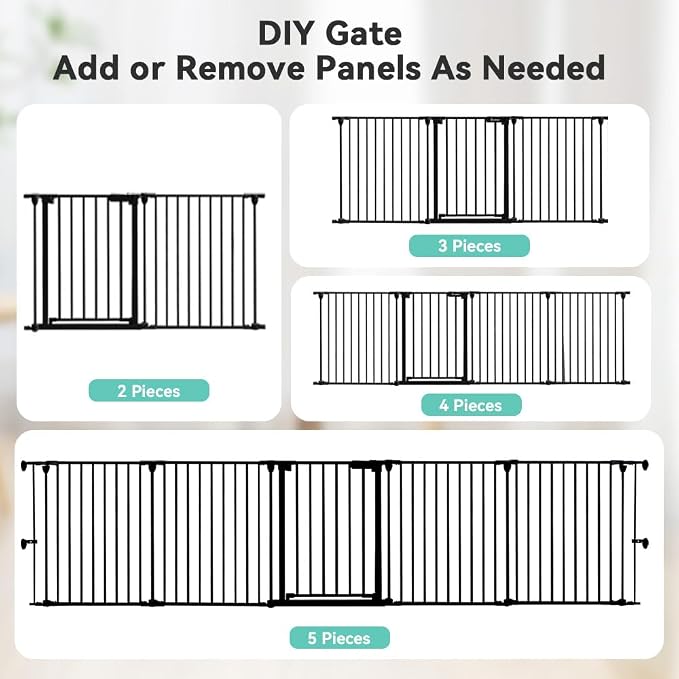 COMOMY 127.8" Extra Wide Baby Gate, Dog Gate for House Stairs Doorways | Auto Close Pet Gate with Door Walk Through, 5 Metal Panels, Hardware Mounted Baby Fence Indoor Outdoor(30" Tall,Black)