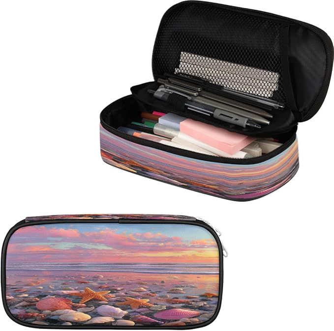 Pencil Case Pouch, Sunset Beach Shell Starfish Large Pen Bag with Zipper, Portable Zipper Pencil Pouch Organizer for Student Teen Girls Boys