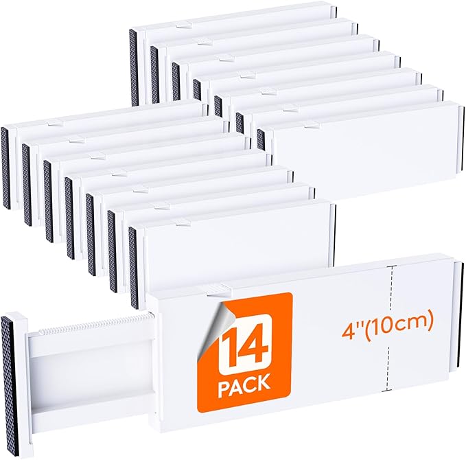 Lifewit 14 Pack Drawer Dividers for Clothes, 10.9-16" Adjustable Drawer Organizers, 4" High Plastic Expandable Drawer Separators in Bedroom/Office/Bathroom/Kitchen Storage, White | 14 Pack 11-17" Expandable White Plastic Drawer Separator for Dresser, K...