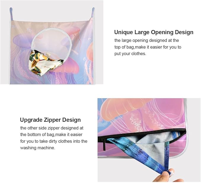 1PC Hanging Laundry Hamper Bag Over the Door Laundry Hamper Wall Hamper Large Dirty Clothes Hamper with Stainless Steel Hooks 29.5x20Inch Cute Jellyfishes Bubbles