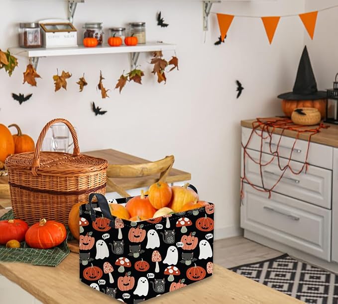 Sanjiaofeng Rectangular Kids Basket Halloween Storage Bins,Cute Storage Basket with Handles.Clothers,Books,Kid's Gifts Bins. (Mushroom Halloween)