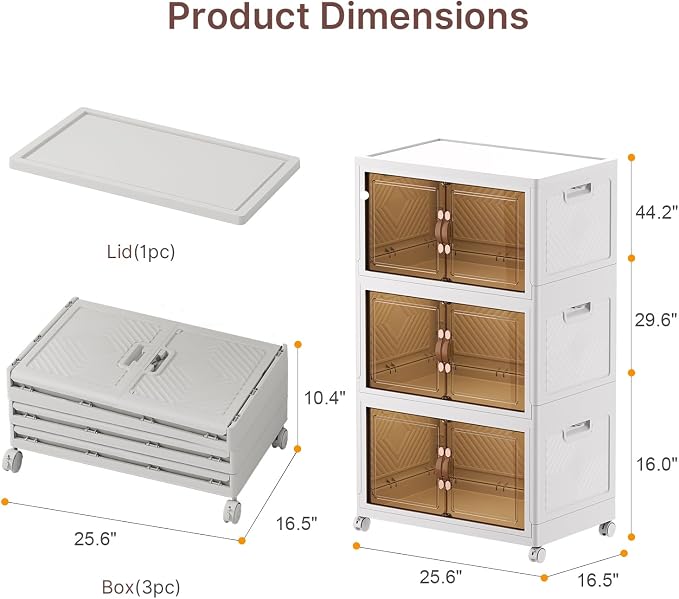 Stackable Storage Bins with Lids, 360QT Lockable Storage Cabinet | Folding Storage Box with Doors and Wheels, Collapsible Plastic Drawers for Home, Garage, Office
