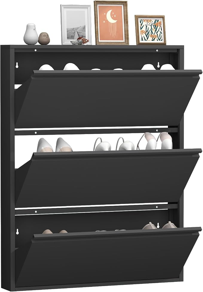 GREATMEET Shoe Cabinet with 3 Flip Drawers, Metal Entrance Shoe Cabinet Storage for Entryway, Modern Hidden Narrow Shoes Rack Organizer Wall Mount for Living Room, Bedroom, Hallway,Black