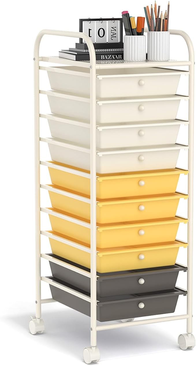 10 Drawer Rolling Storage Cart, Organization Cart with Drawers for Craft Makeup Paper Tool Art Supply, Versatile Utility Cart on Wheels for Home Office Classroom School (Yellow)