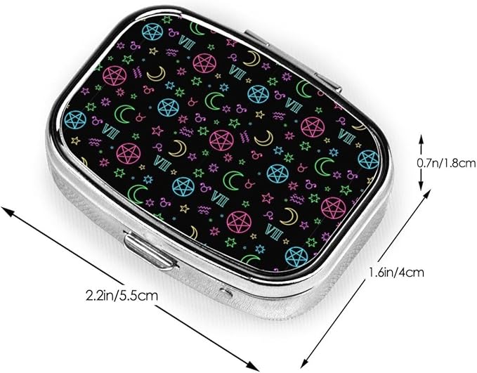 Metal Vitamin Case Tiny Pill Organizer Purse Clip-On Daily Supplement Container Gym Bag, Witch Magic Sun Moon Star Alchemical Cosmic Signs Witchcraft