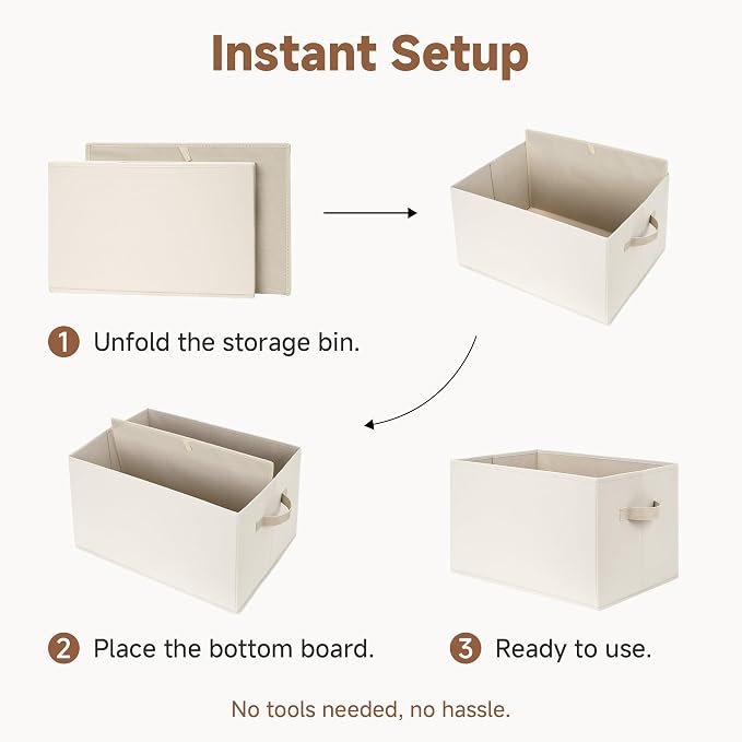 StorageWorks Closet Storage Bins, Beige, 3-Pack, Large | Closet Organizers and Storage Bins, Fabric Storage Baskets for Shelves, Linen Closet Organizer for Clothes